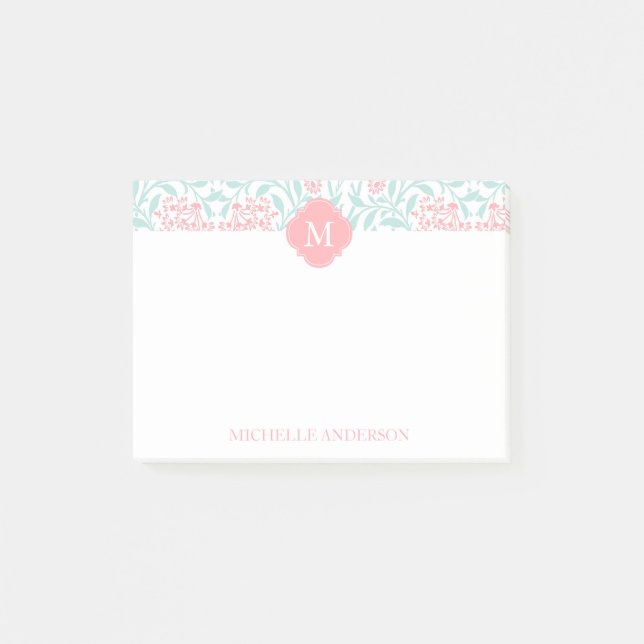 Monogrammed korall- och Mintblommigtdamast Post-it Block (Framsida)