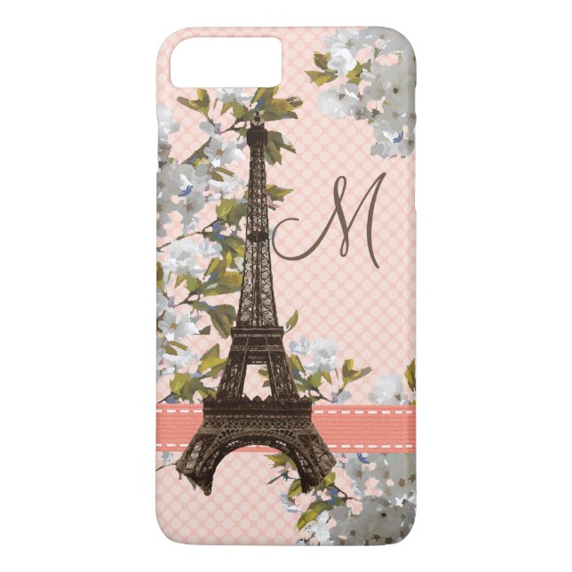 Monogrammed körsbärsrött blommarEiffel torn Case-Mate iPhone Skal (Baksida)