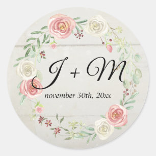 Monogrammed kuvert Rustic Wood Ro Blommigt Runt Klistermärke