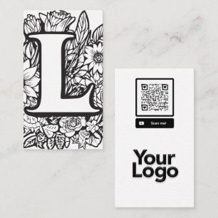 Monogrammed L Black and White Blommigt QR Code Log Visitkort