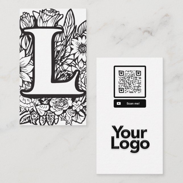 Monogrammed L Black and White Blommigt QR Code Log Visitkort (Fram/baksida)