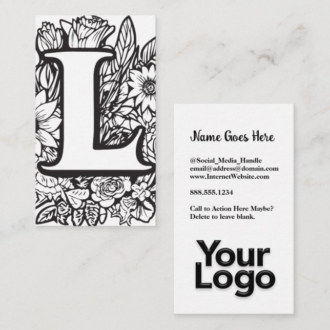 Monogrammed L Blommigt Black and White Company Log Visitkort (Fram/baksida)