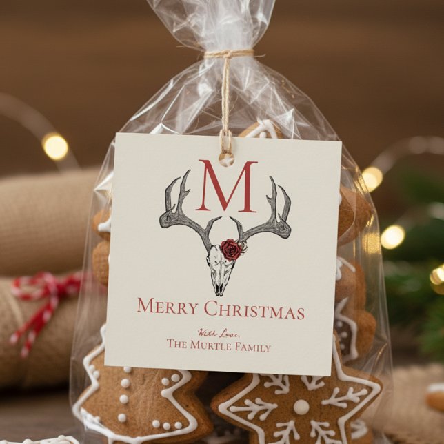 Monogrammed Land Julafton Reindeer Skull och Ro Gåvor Etiketter (Modern Reindeer Skull Antlers Merry Christmas Gift Tags. Festive Red Gothic Skull Country Xmas Tags )