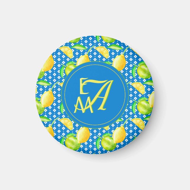 Monogrammed Lemon Träd Azure Blue Newlyged Decor Magnet (Framsidan)