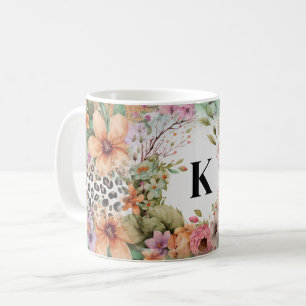 Monogrammed Leopard Print Blommigt Kaffemugg