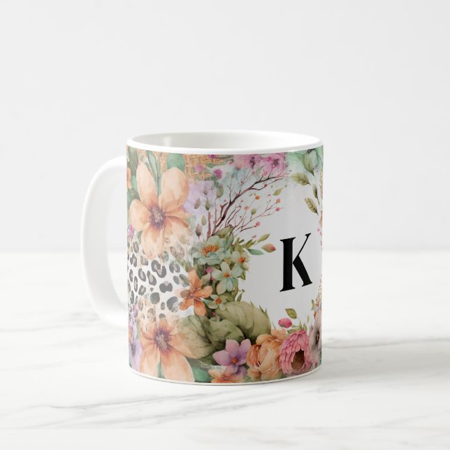 Monogrammed Leopard Print Blommigt Kaffemugg (Framsida vänster)