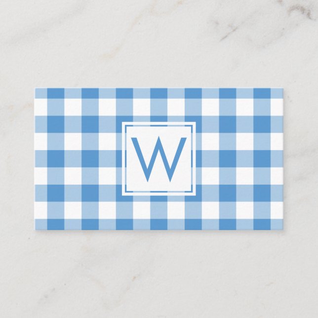 Monogrammed Light Blue White Gingham Play Mönster Visitkort (Framsida)