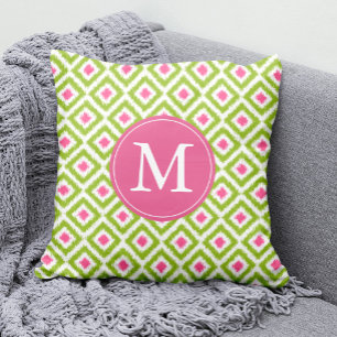 Monogrammed Lime Green Rosa Diamonds Ikat Mönster Kudde