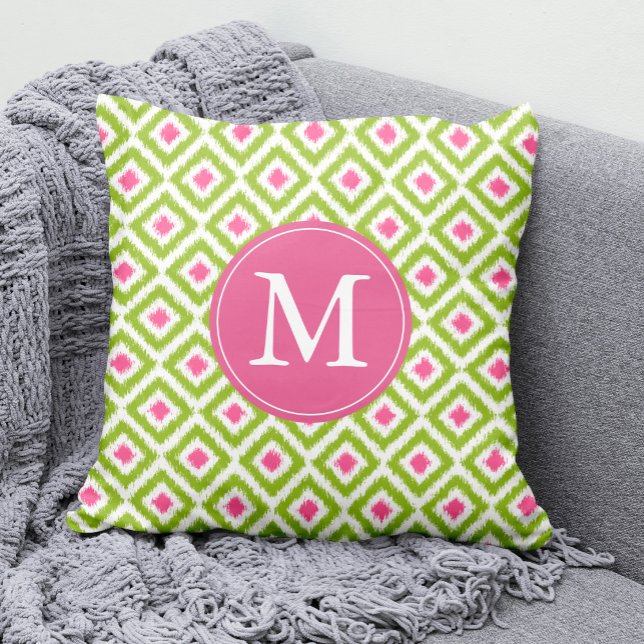Monogrammed Lime Green Rosa Diamonds Ikat Mönster Kudde (Skapare uppladdad)