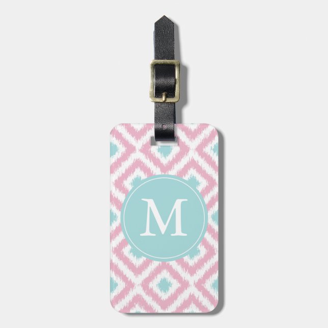 Monogrammed ljust - rosa MintdiamantIkat mönster Bagagebricka (Vertikal Framsida)