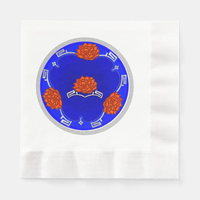 Monogrammed Lotus Blommar - Blue, Red, Silver Pappersservett (Framsidan)