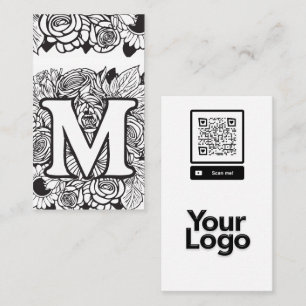 Monogrammed M Black and White Blommigt QR Code Log Visitkort