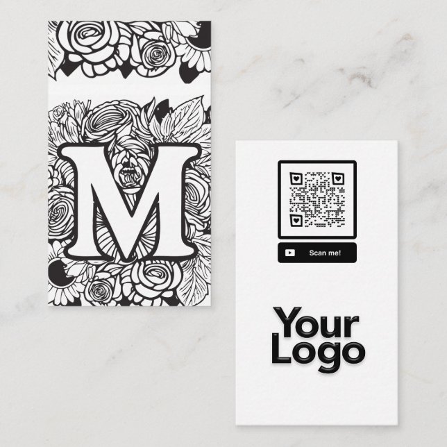 Monogrammed M Black and White Blommigt QR Code Log Visitkort (Fram/baksida)