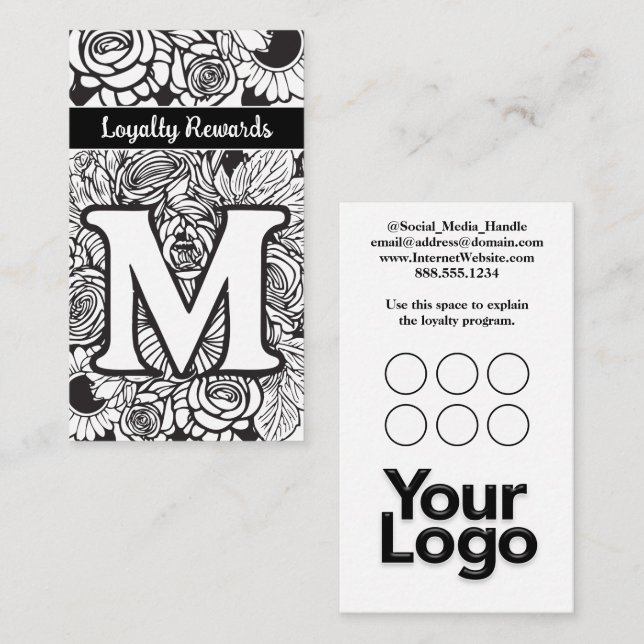 Monogrammed M Blommigt Black and White Company Log Visitkort (Fram/baksida)