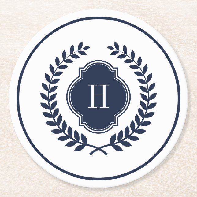 Monogrammed marblå Vapensköld Utandningscirkel Ram Underlägg Papper Rund (Framsidan)