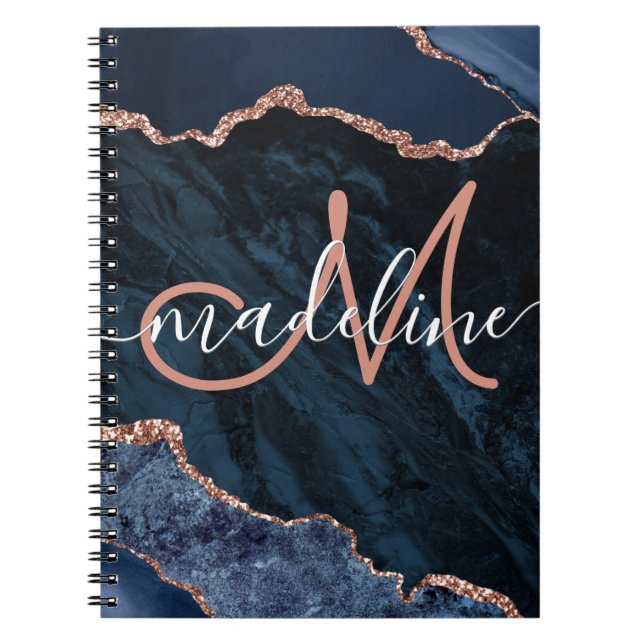 Monogrammed marinblå geode Agate Ro Glitter Anteckningsbok (Framsidan)