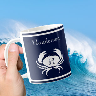 Monogrammed marinblå vitkrabba Nautisk Kaffemugg