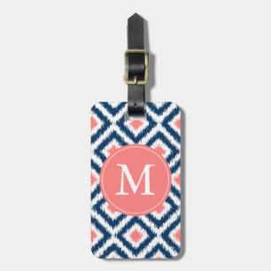 Monogrammed marinblått koralldiamantIkat mönster Bagagebricka