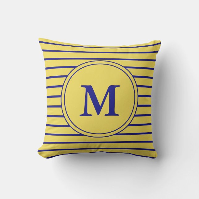 Monogrammed marinblått och gult randigt mönster kudde (Framsida)