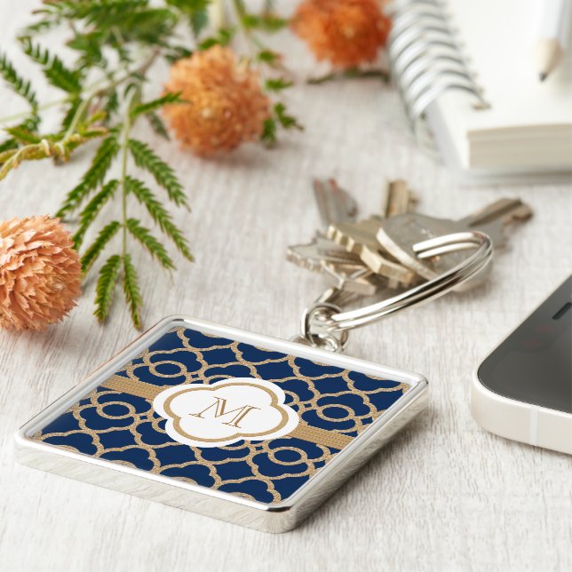 Monogrammed marockanska safirblått och guld fyrkantig silverfärgad nyckelring (Sidan)