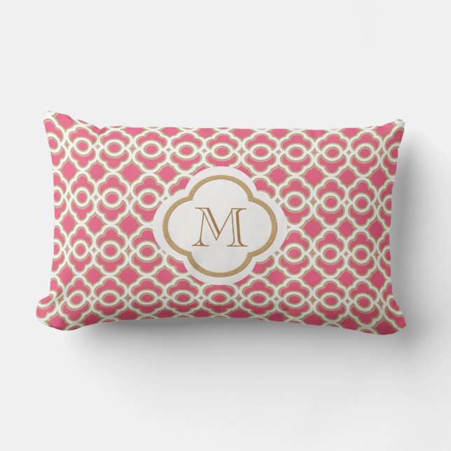 Monogrammed marockanska shock rosa och guld lumbarkudde (Framsida)