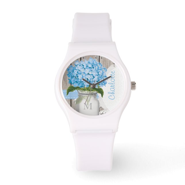Monogrammed Mason Burk Blue Hydrangea Armbandsur (Framsida)