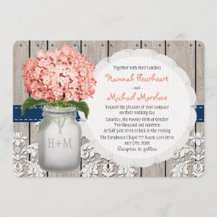 Monogrammed Mason Burk Coral Navy Hydrangea Bröllo Inbjudningar