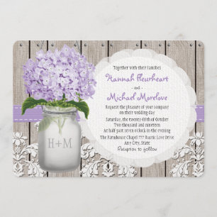 Monogrammed Mason Burk Lila Hydrangea Bröllop Inbjudningar