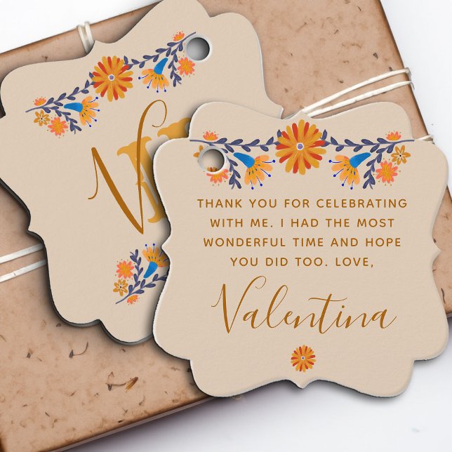 Monogrammed Mexikanska Blommigten Western Boho Gåvor Etiketter (Monogrammed favor tags for Quinceanera or other occasion with western boho mexican floral design)