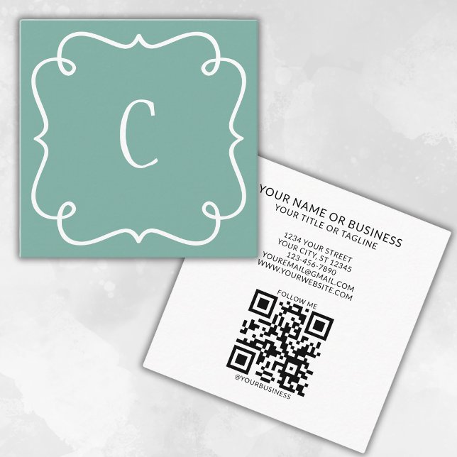 Monogrammed minimal Grönt för byte av Trendig QR-k Fyrkantigt Visitkort (Skapare uppladdad)