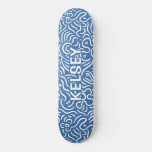 Monogrammed Minimal Line Art Blue Mini Skateboard Bräda 18,5 Cm