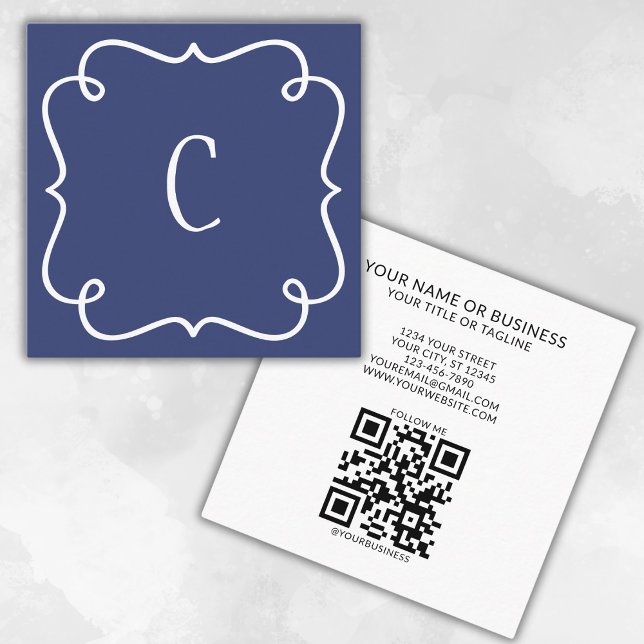 Monogrammed minimal Trendig, marin blå QR-kod Fyrkantigt Visitkort (Skapare uppladdad)