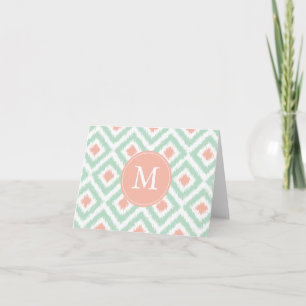 Monogrammed Mint Coral Diamonds Ikat Mönster Anteckningskort