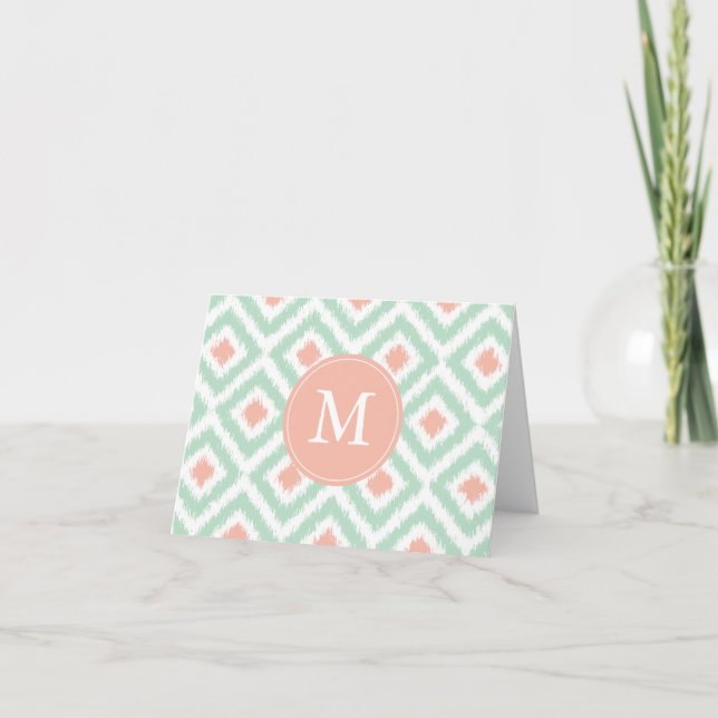 Monogrammed Mint Coral Diamonds Ikat Mönster Anteckningskort (Framsida)
