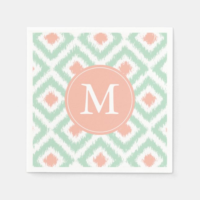 Monogrammed Mint och Coral Ikat Mönster Pappersservett (Framsidan)