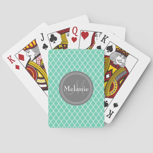 Monogrammed Mint White Moroccan Lattice Mönster Kortlek (Baksidan)