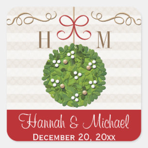 Monogrammed Mistletoe Kissing Boll Fyrkantigt Klistermärke