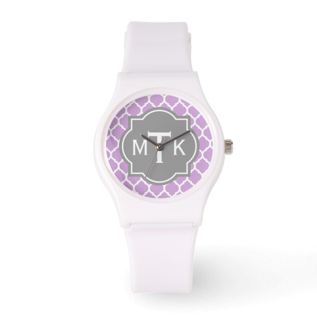 Monogrammed Modern Grått och Lilac Lattice Mönster Armbandsur (Framsida)