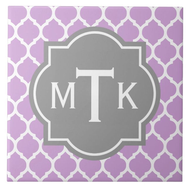 Monogrammed Modern Grått och Lilac Lattice Mönster Kakelplatta (Framsidan)