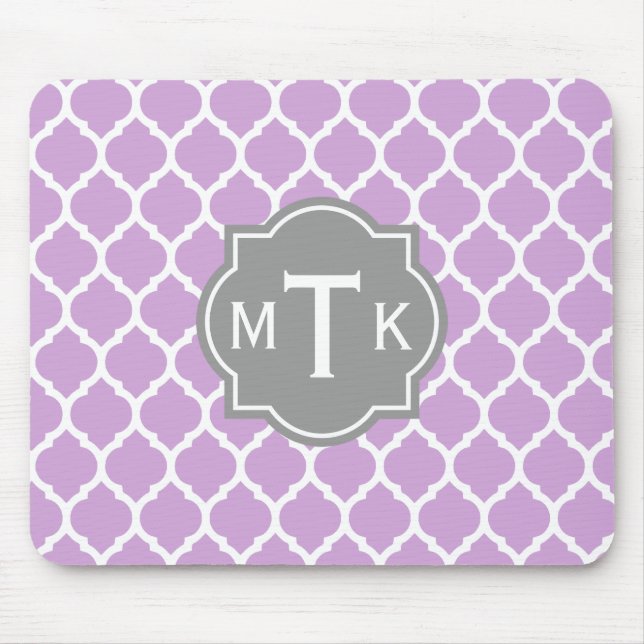 Monogrammed Modern Grått och Lilac Lattice Mönster Musmatta (Framsidan)