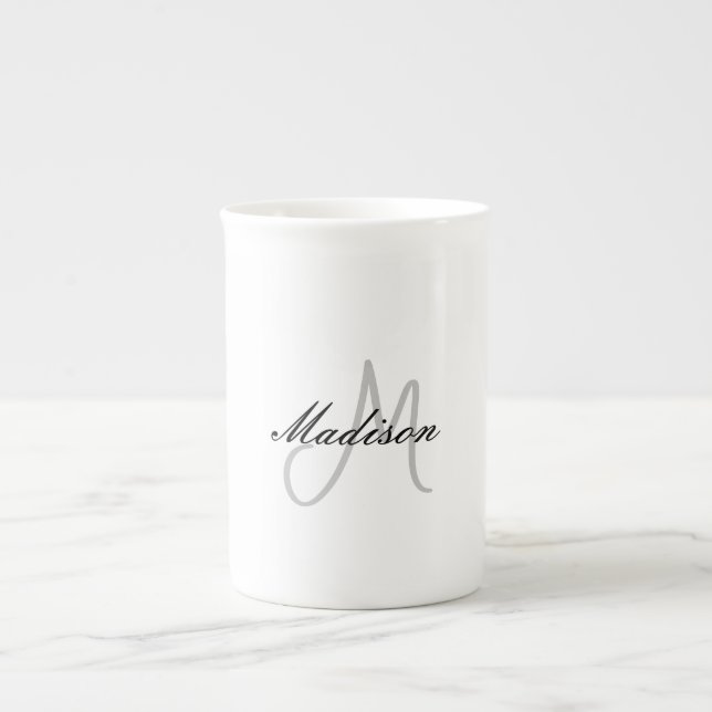 Monogrammed Modern Handwrite Namn - första handskr Benporslin Mugg (Framsidan)
