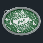 Monogrammed mönster för golfaren<br><div class="desc">Sportar för en personlig golf themed design i grönt och vit. Den presenterar en guld- boll som kan skräddarsy med monograminitialer, och ett bakgrundsmönster av golfklubbar, golfbollar och den olika golfspelet benämner typografi - som all tillsammans kommas med för att skapa en unik personifierad golfspelgåva för den pro eller amatörmässiga...</div>