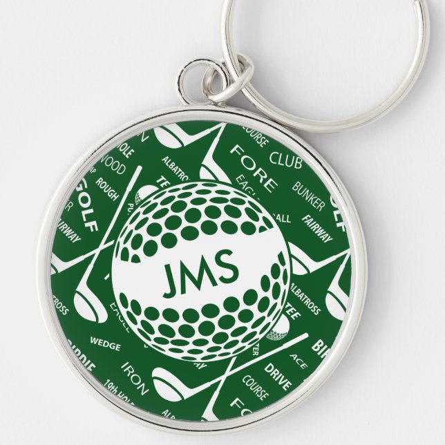 Monogrammed mönster för golfaren rund silverfärgad nyckelring (Framsidan)