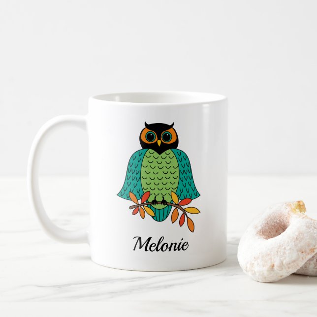 Monogrammed namn för höstkrickauggla kaffemugg (Med munk)