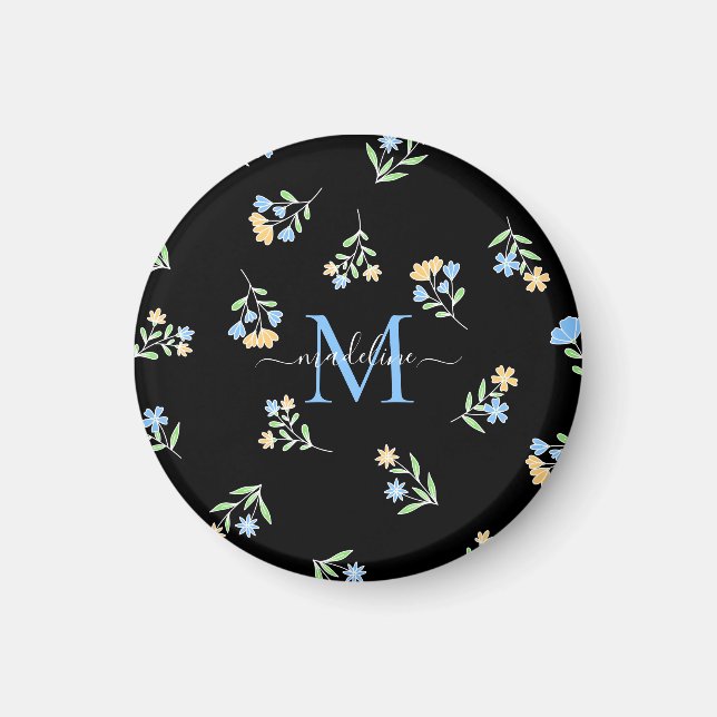Monogrammed Namn & initial blå Gult Magnet (Framsidan)