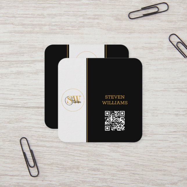 Monogrammed Namn & Modern Namnteckning/QR-kod Fyrkantigt Visitkort (Fram/Back In Situ)