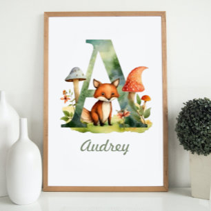 Monogrammed Namn Nursery Poster Woodland Brev A