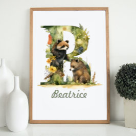 Monogrammed Namn Nursery Poster Woodland Brev B