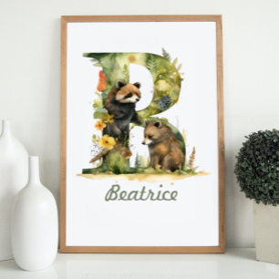 Monogrammed Namn Nursery Poster Woodland Brev B