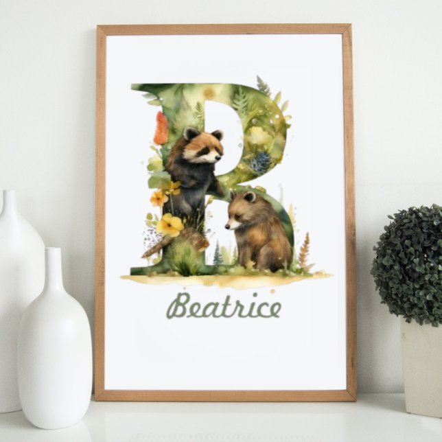 Monogrammed Namn Nursery Poster Woodland Brev B (Monogrammed Name Nursery Poster Woodland Letter B)